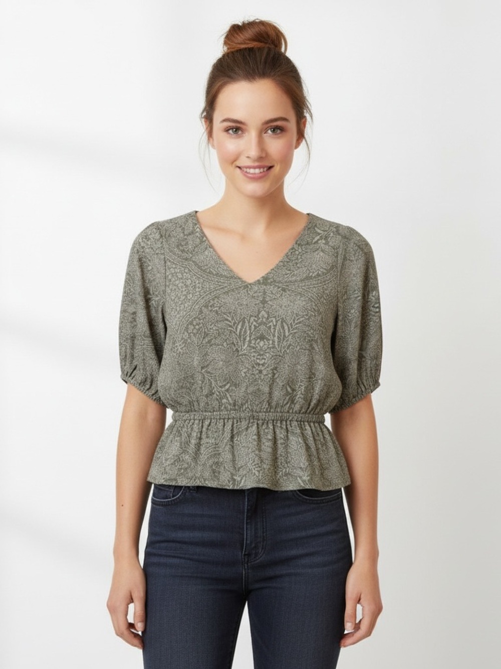 LOFT V-Neck Peplum Blouse in Olive Green Size XXS